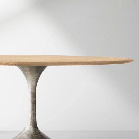 Aero Wood Round Dining Table with Arched Cast Steel Base