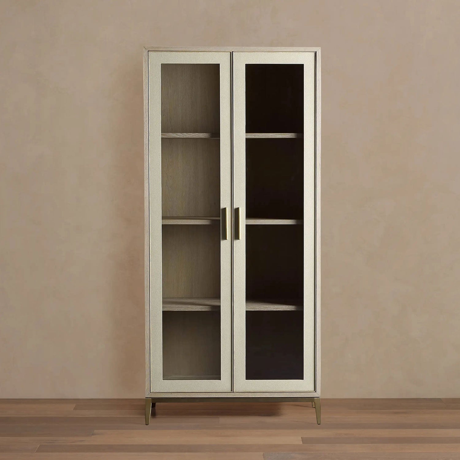 Malone Textured Leather Tall Display Cabinet Wood Storage Cabinet with Glass Doors