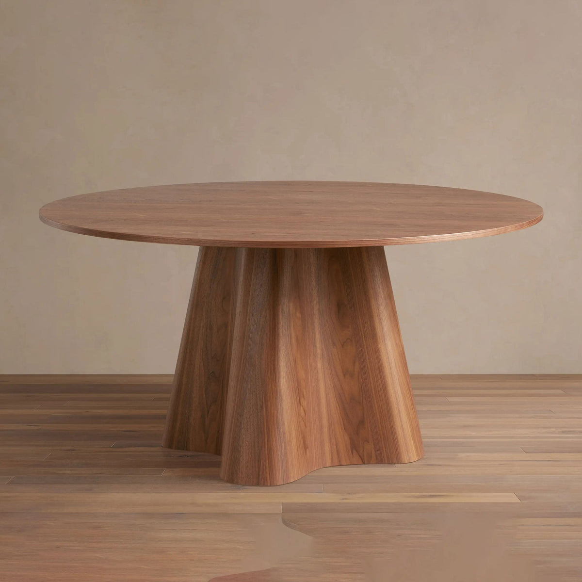 Cortina Wood Round Dining Table Sculptural Wave Base in American Walnut
