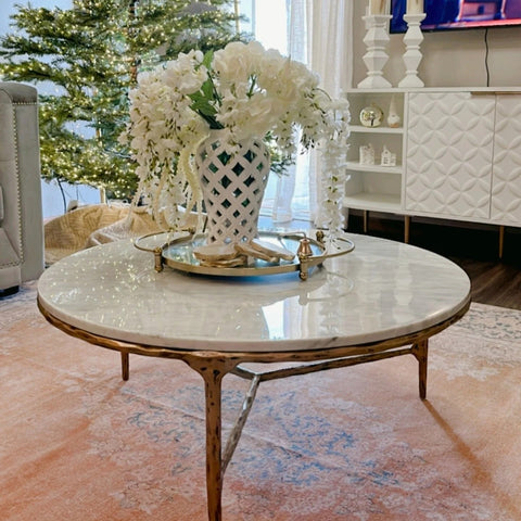 Thaddeus Round Brass Coffee Table with Marble Top