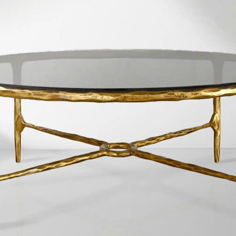 Thaddeus 36" 55" Round Hammered Metal and Glass Coffee Table