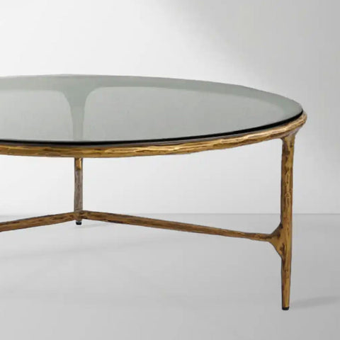 Thaddeus 35" Round Coffee Table with Brass Triple Leg Base Top and Tempered Glass