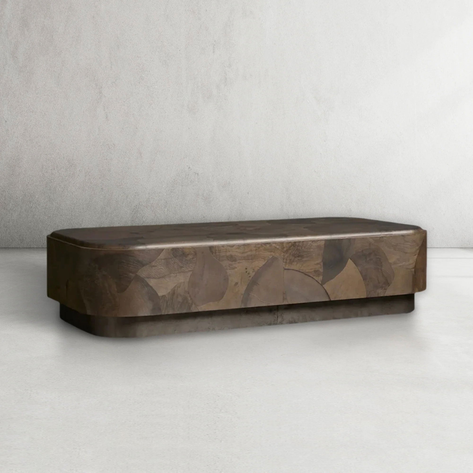 Polanco Ash Burl Plinth Coffee Table with Oxidized Steel Base