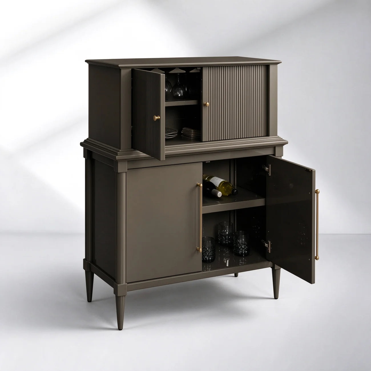 Oakleigh Reeded Bar Cabinet – Solid Wood with Brass Hardware