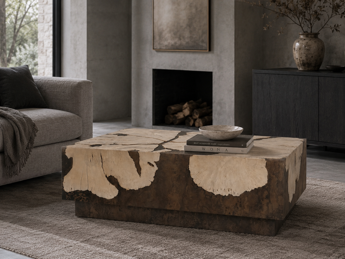 Obra Salvaged Burl Coffee Table Living Room Steel Base Cocktail Table Wood Center Tea Table