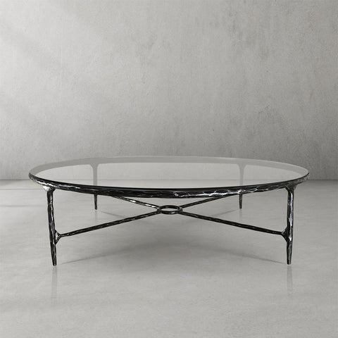 Thaddeus 36" 55" Round Hammered Metal and Glass Coffee Table