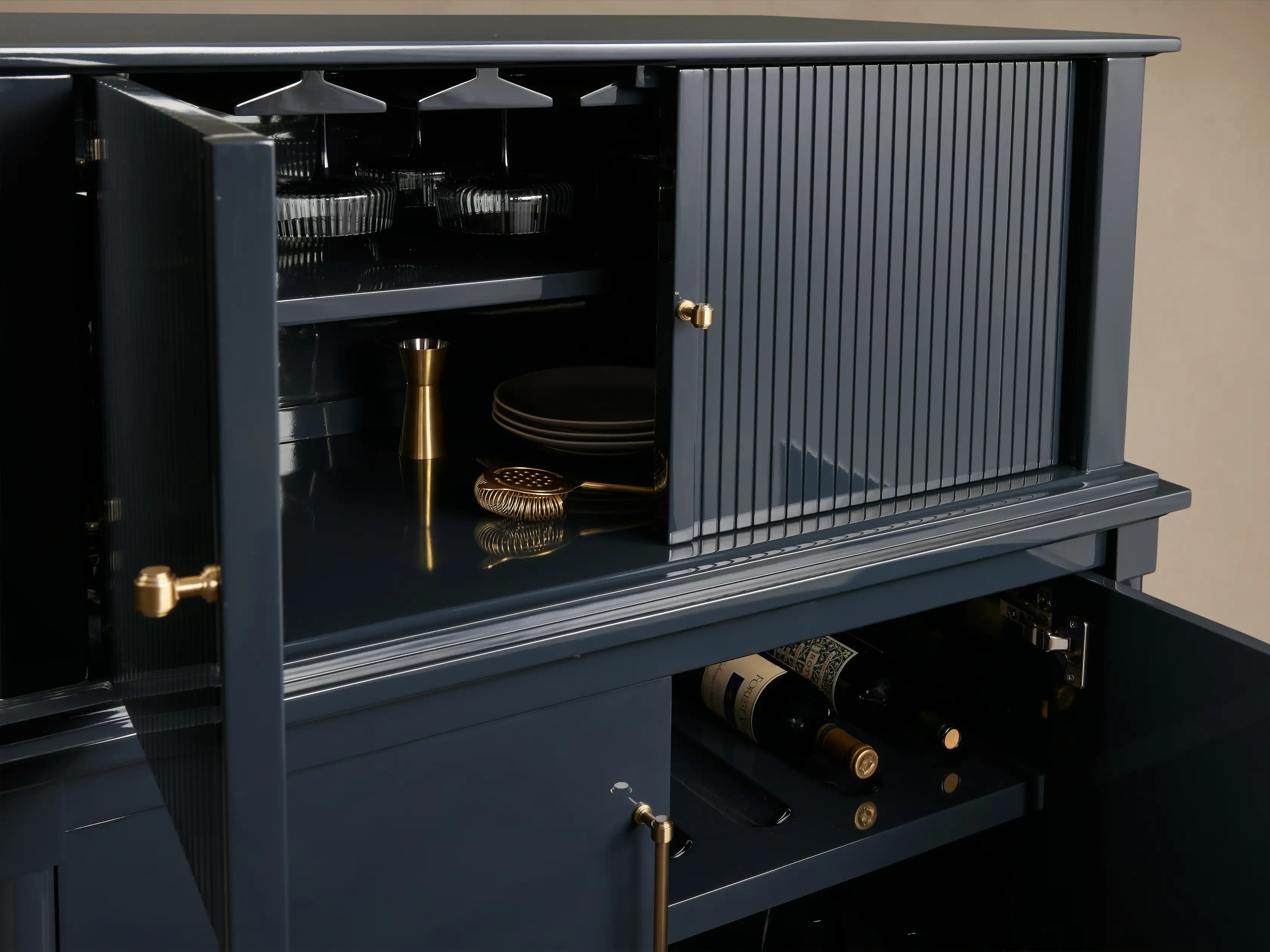 Oakleigh Reeded Bar Cabinet – Solid Wood with Brass Hardware