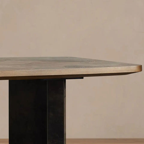 Polanco Wood Dining Table with Naturally Oxidized Steel panels Base