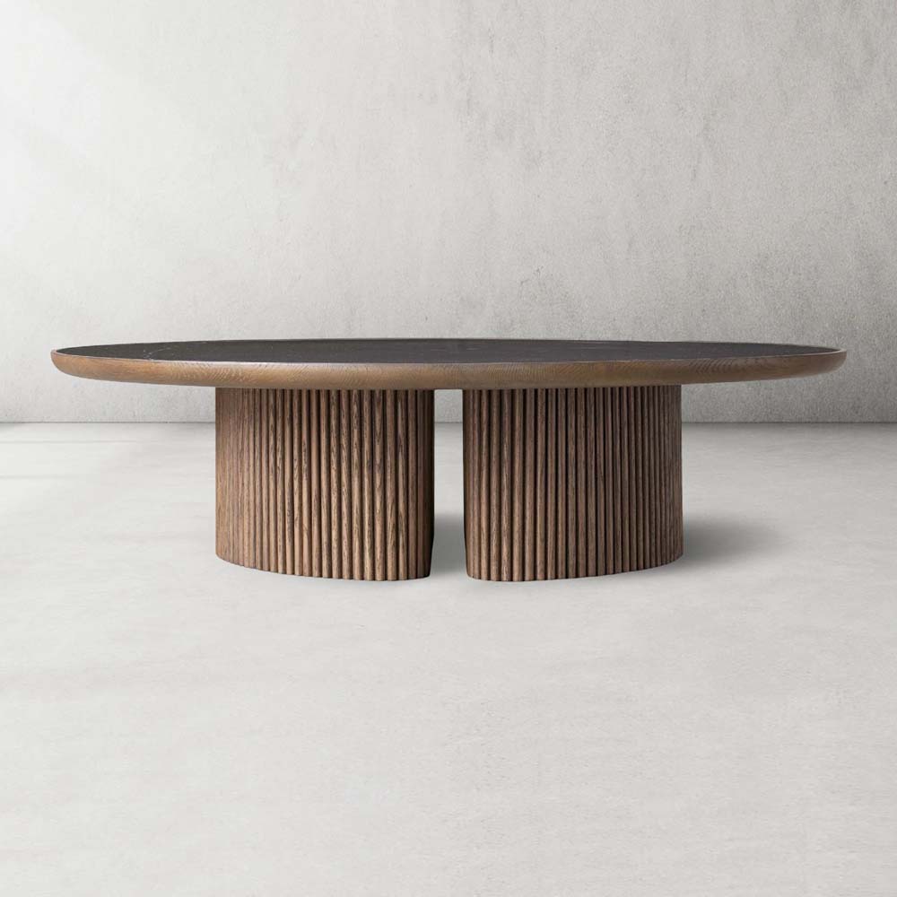 Astor Round Marble Top Coffee Table Wood Cocktail Table Reeded Oak Base Sofa Center Tea Table