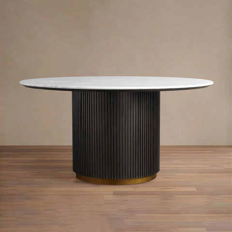 Finnley Round Wood Dining Table With Carrara Marble or Bluestone Top