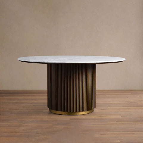 Finnley Round Wood Dining Table With Carrara Marble or Bluestone Top