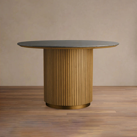 Finnley Round Wood Dining Table With Carrara Marble or Bluestone Top