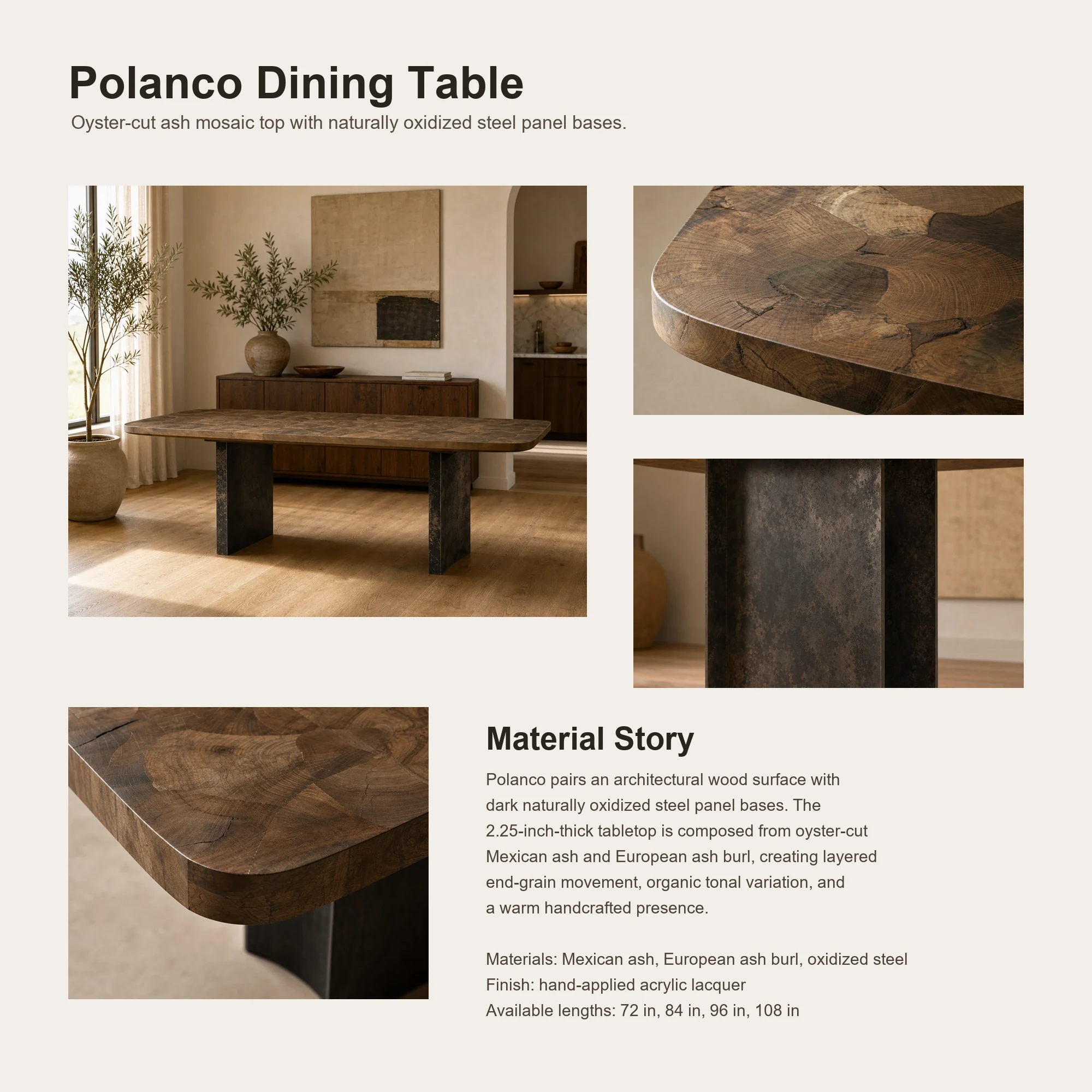 Polanco Wood Dining Table with Naturally Oxidized Steel panels Base