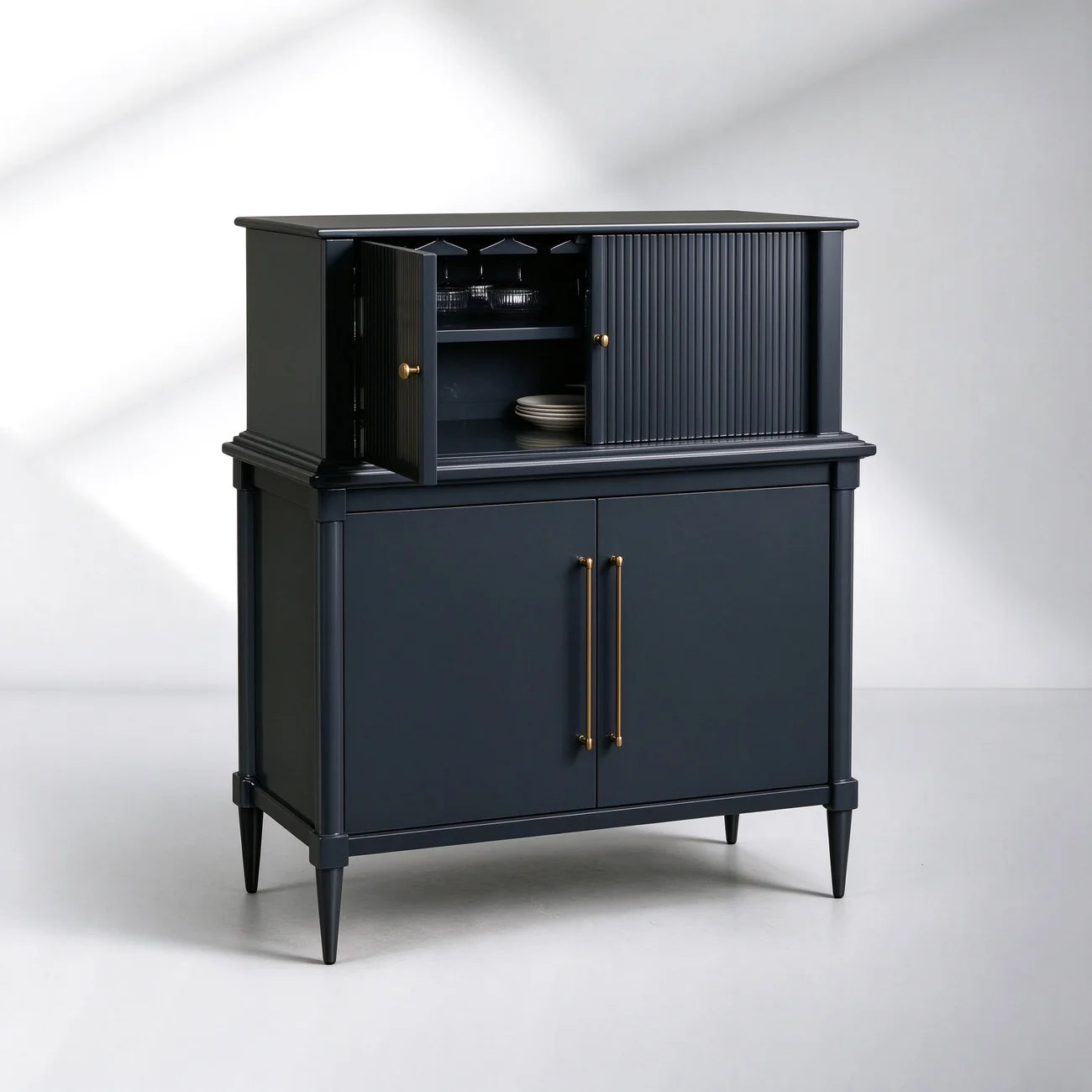 Oakleigh Reeded Bar Cabinet – Solid Wood with Brass Hardware