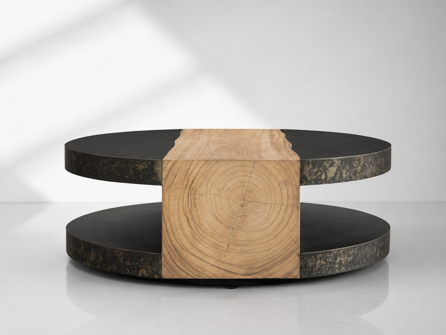 Modern Sculptural Guanacaste Wood & Oxidized Steel Round Coffee Table