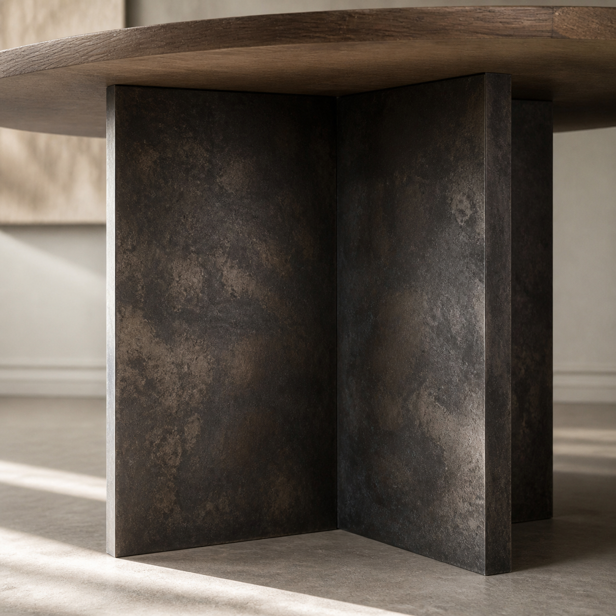 Polanco Wood Round Dining Table With Oxidized Steel Base