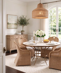 Beaumont Round Sandstone Dining Table – Gilded Iron, Seats 4–6