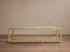 Corey Mappa Burl Wood Coffee Table Glass Tabletop Cocktail Table Rectangle Sofa Center Tea Table
