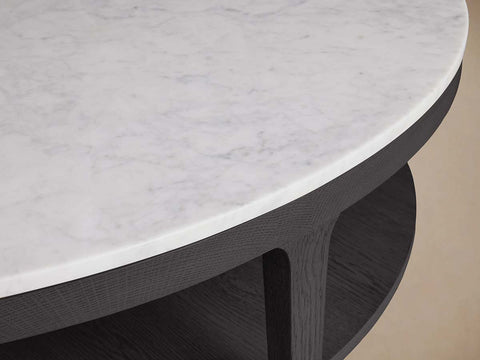 Danny Round Marble Top Coffee Table Oak Wood Base Cocktail Table Living Room Center Tea Table