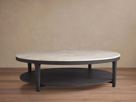 Danny Round Marble Top Coffee Table Oak Wood Base Cocktail Table Living Room Center Tea Table