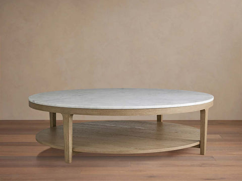 Danny Round Marble Top Coffee Table Oak Wood Base Cocktail Table Living Room Center Tea Table