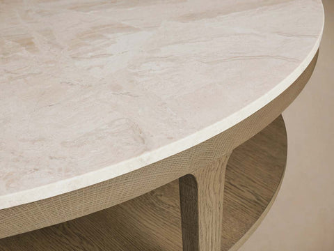 Danny Round Marble Top Coffee Table Oak Wood Base Cocktail Table Living Room Center Tea Table