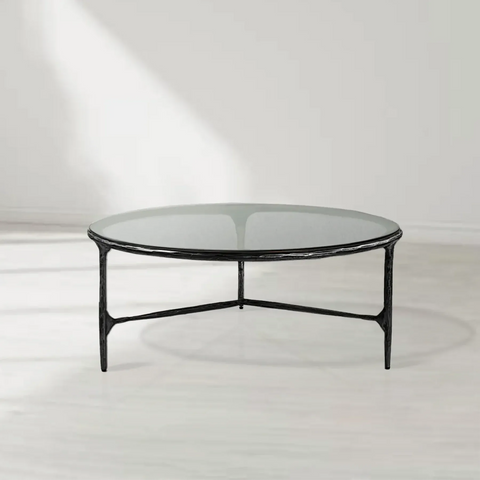 Thaddeus 35" Round Coffee Table with Brass Triple Leg Base Top and Tempered Glass
