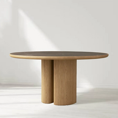 Aster Oak Wood Round Dining Table With Natural Marble Top
