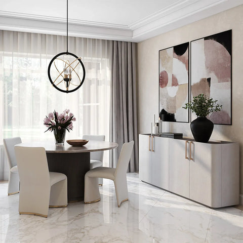 Canodi Marble Top Dining Table with Wood Fluted Base