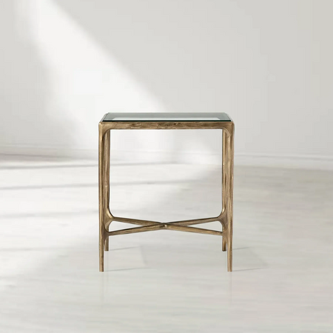 TThaddeus 18" 22" Square Side Table with Metal Base and Tempered Glass Top