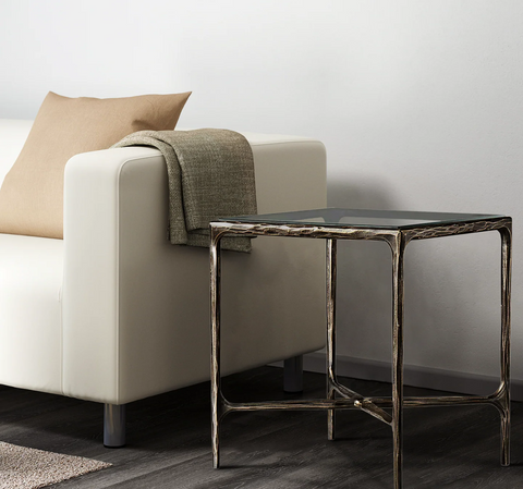 TThaddeus 18" 22" Square Side Table with Metal Base and Tempered Glass Top