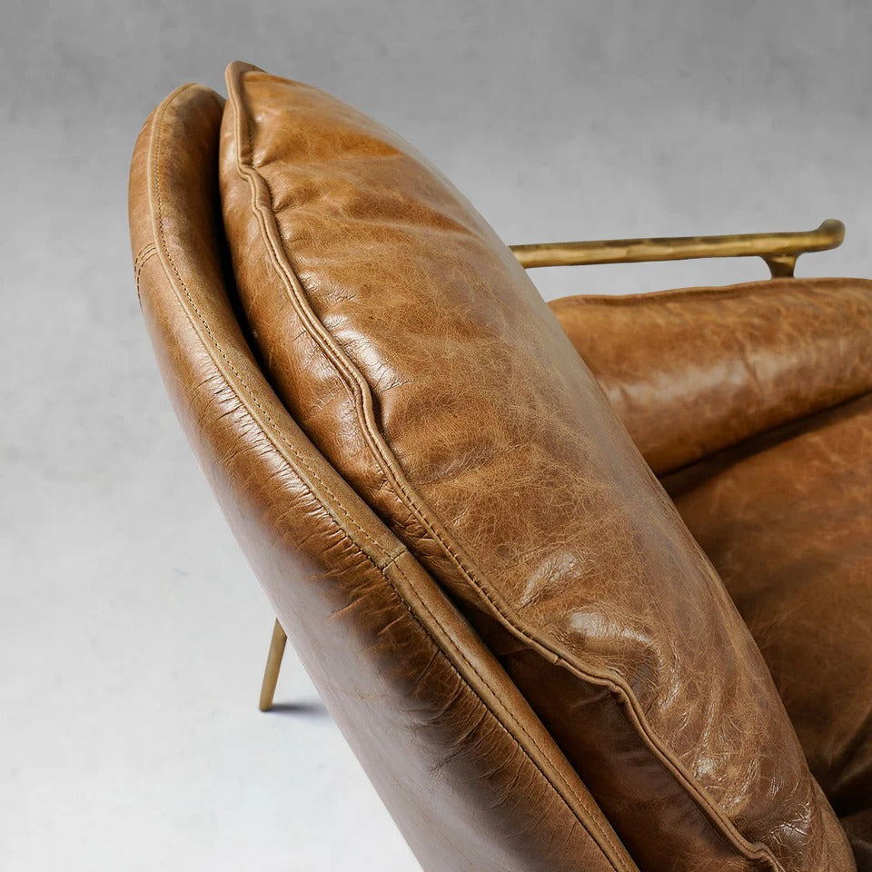 Thaddeus Artisan Brown Leather Accent Sofa Chair with Hand-Forged Metal Frame