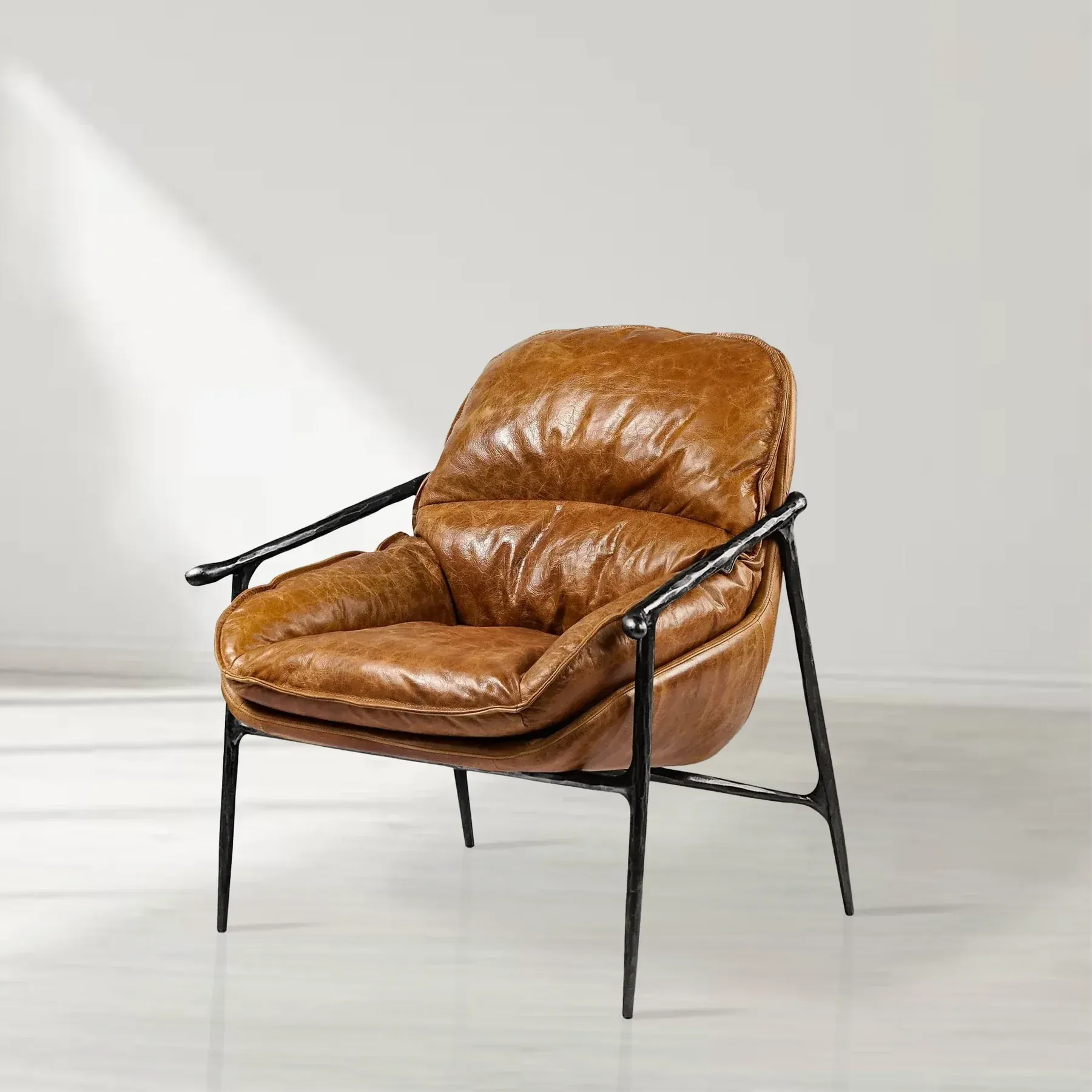 Thaddeus Artisan Brown Leather Accent Sofa Chair with Hand-Forged Metal Frame