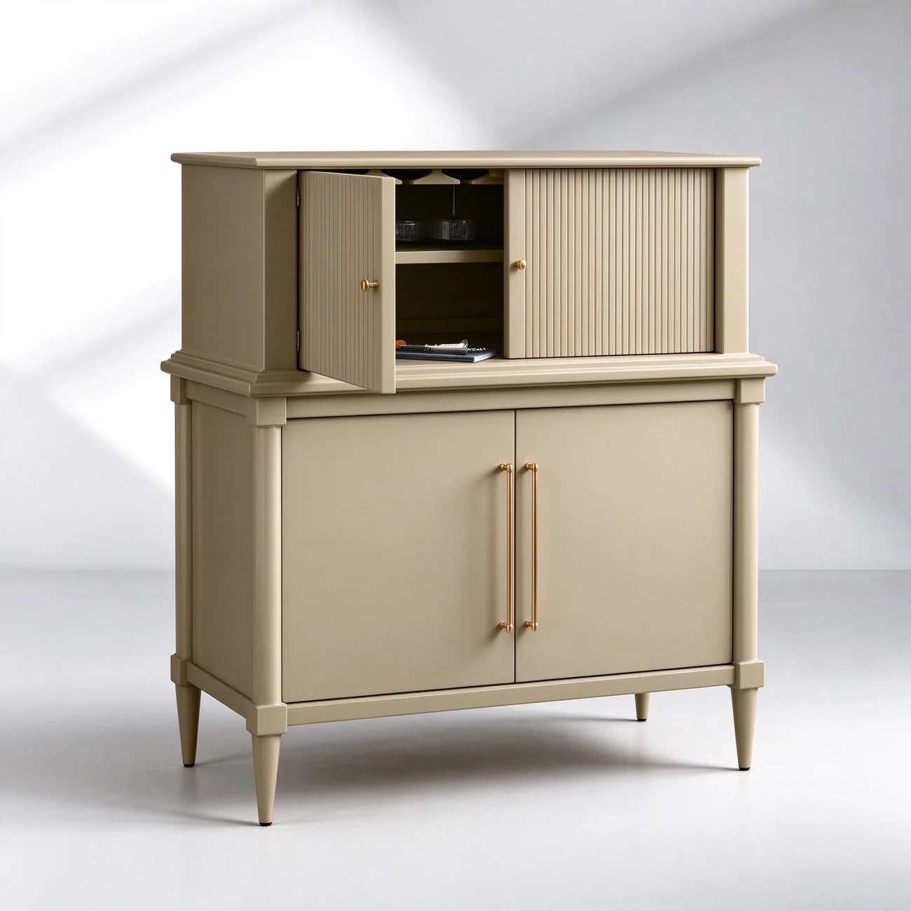Oakleigh Reeded Bar Cabinet – Solid Wood with Brass Hardware
