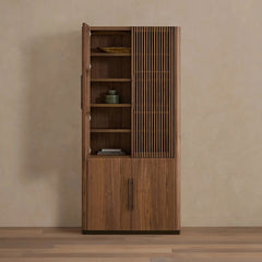 Piermont Modular Reeded Tall Display Cabinet Black Walnut Bookcase with Bronze Plinth Base
