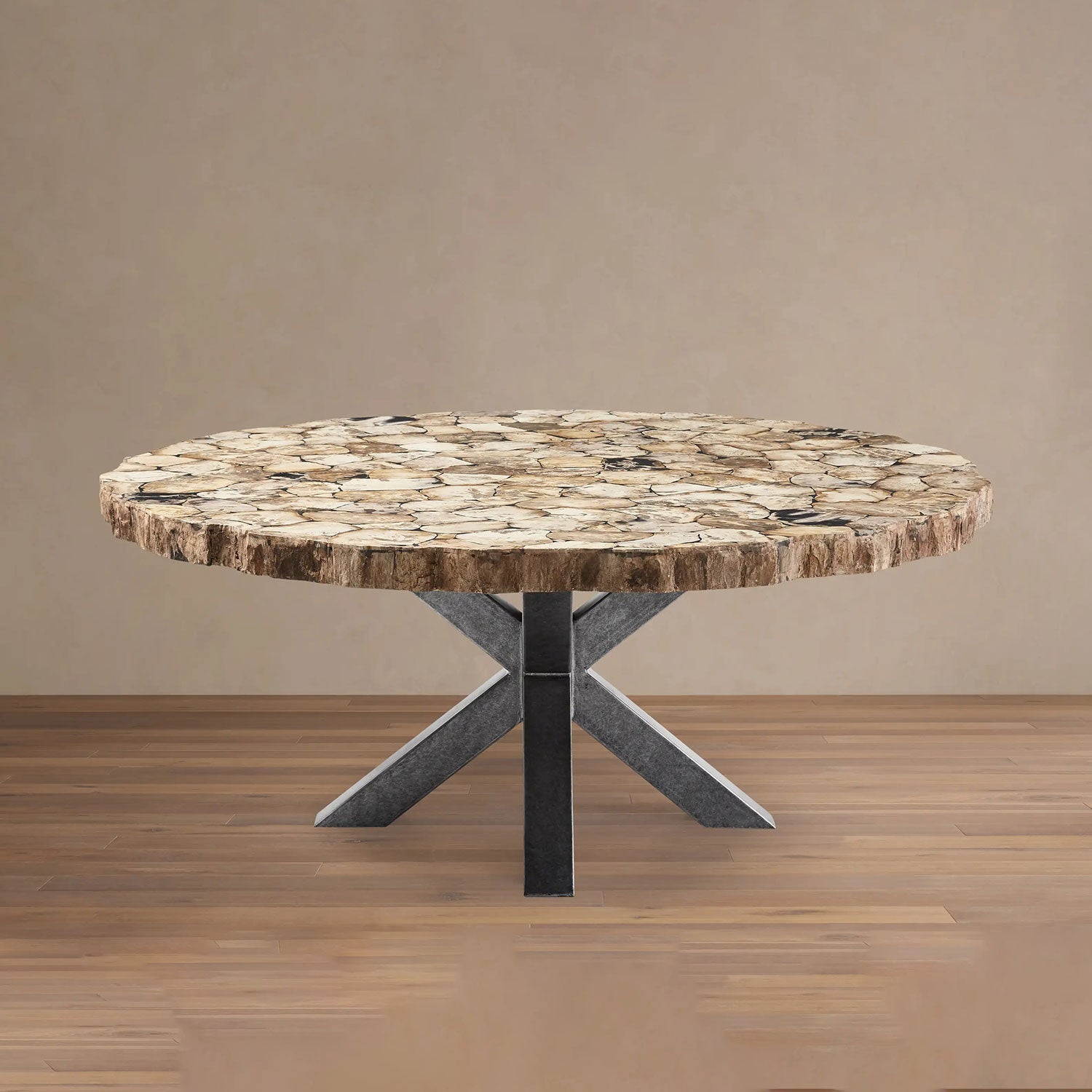 Petra Round Dining Table Inlay Splicing Tabletop With Iron Base – Halo Loom