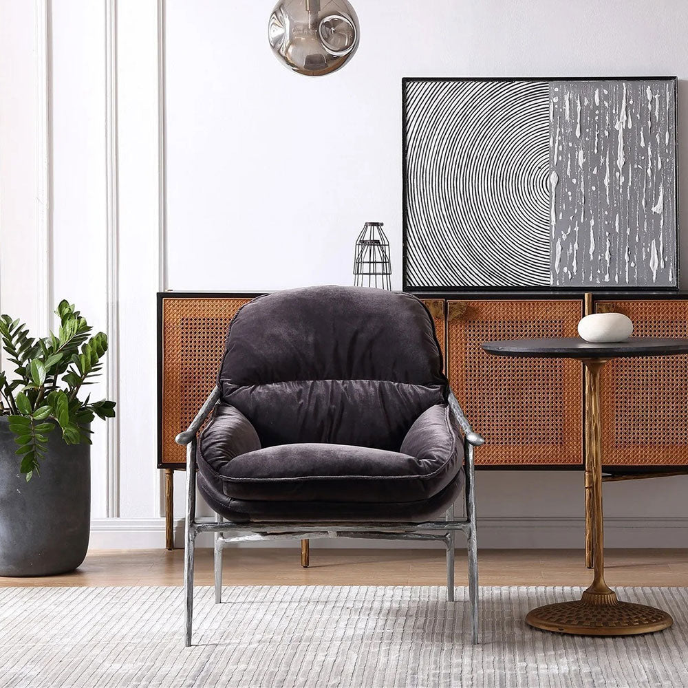 Thaddeus Artisan Brown Leather Accent Sofa Chair with Hand-Forged Metal Frame