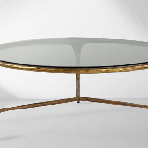 Thaddeus 35" Round Coffee Table with Brass Triple Leg Base Top and Tempered Glass