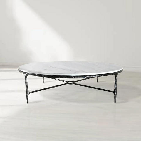 Thaddeus Gold Brass Round Coffee Table with Marble Top