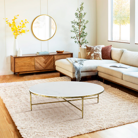Thaddeus Gold Brass Round Coffee Table with Marble Top